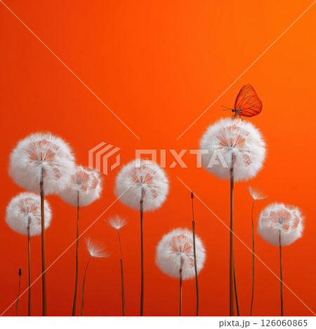 Orange butterfly standing on white dandelion with orange background 126060865