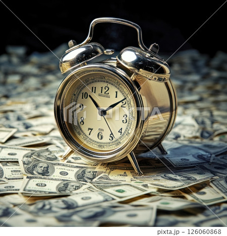 Golden alarm clock ticking on a pile of dollar bills representing time is money 126060868