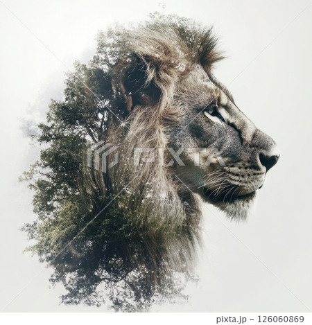 Majestic lion merging with lush savannah tree in double exposure portrait 126060869