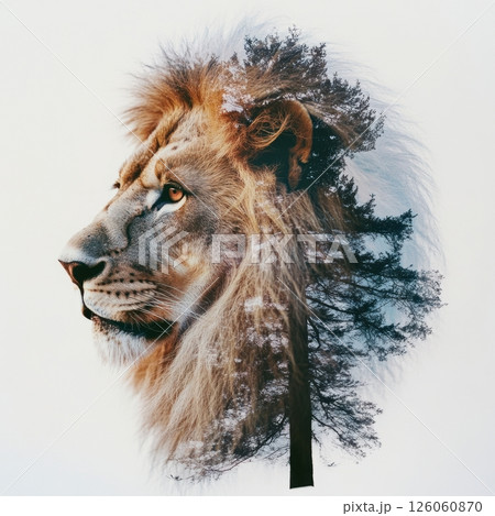 Majestic lion merging with serene forest in double exposure portrait 126060870