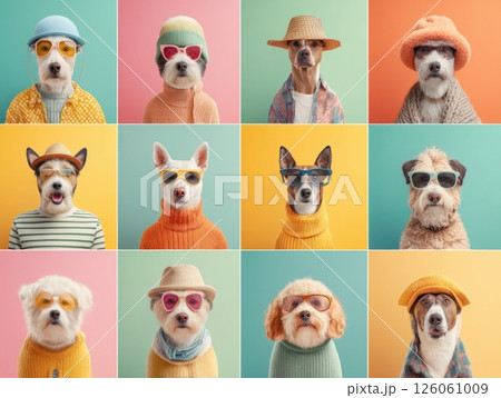 Twelve stylish dogs posing with sunglasses and hats in colorful background 126061009