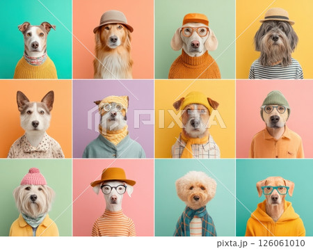 Adorable dogs posing in colorful backgrounds wearing trendy clothes 126061010