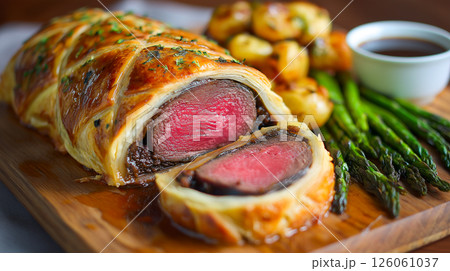 Well-served Beef Wellington with puff pastry on wooden board 126061037