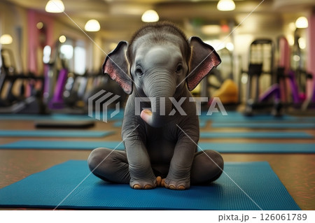 Baby elephant doing yoga exercise on blue mat in gym Baby elephant doing yoga exercise on blue mat in gym 126061789