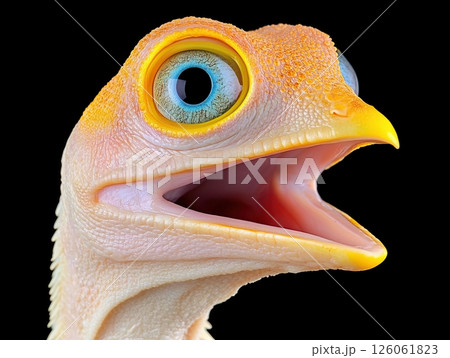 Helmeted gecko opening its mouth showing its blue eye and yellow beak 126061823