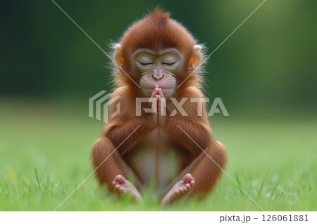 Cute baby monkey meditating in yoga pose on green grass 126061881