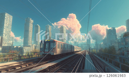 雲に包まれた未来都市を走る高架鉄道と線路旅の道電車旅 126061983