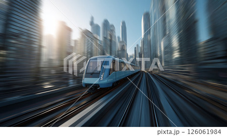 雲に包まれた未来都市を走る高架鉄道と線路旅の道電車旅 126061984