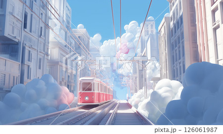 雲に包まれた未来都市を走る高架鉄道と線路旅の道電車旅 雲に包まれた未来都市を走る高架鉄道と線路旅の道電車旅 126061987