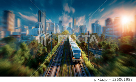 雲に包まれた未来都市を走る高架鉄道と線路旅の道電車旅 雲に包まれた未来都市を走る高架鉄道と線路旅の道電車旅 126061988