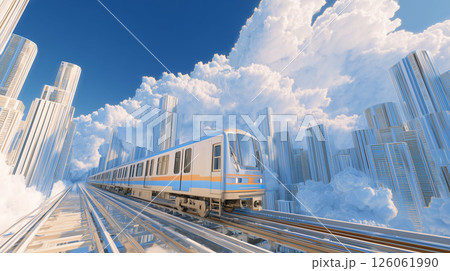 雲に包まれた未来都市を走る高架鉄道と線路旅の道電車旅 126061990