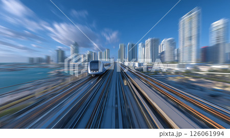 雲に包まれた未来都市を走る高架鉄道と線路旅の道電車旅 126061994