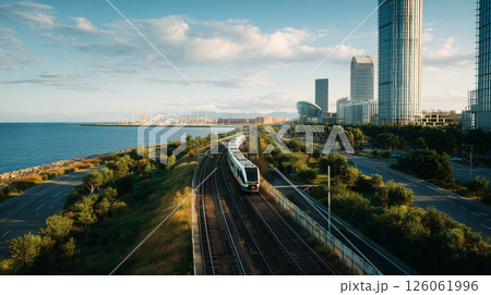 雲に包まれた未来都市を走る高架鉄道と線路旅の道電車旅 126061996