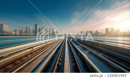 雲に包まれた未来都市を走る高架鉄道と線路旅の道電車旅 雲に包まれた未来都市を走る高架鉄道と線路旅の道電車旅 126061997