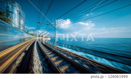 雲に包まれた未来都市を走る高架鉄道と線路旅の道電車旅 126061999