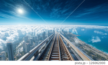雲に包まれた未来都市を走る高架鉄道と線路旅の道電車旅 126062000