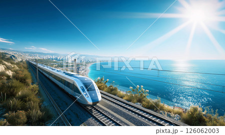 雲に包まれた未来都市を走る高架鉄道と線路旅の道電車旅 126062003