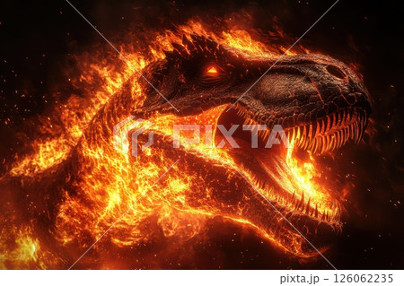 Flaming tyrannosaurus rex emerging from fiery inferno on black background 126062235