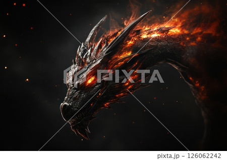 Fiery dragon emerging from darkness with glowing eyes 126062242