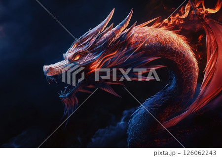Fiery dragon emerging from dark background with glowing eyes 126062243