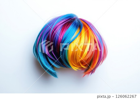 Colorful wig showing vivid rainbow hairstyle on white background 126062267