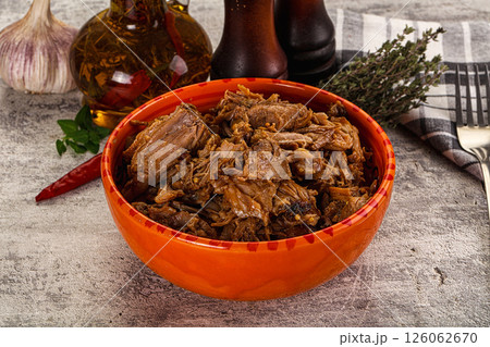 Shredded slow cooked pork meat Shredded slow cooked pork meat 126062670
