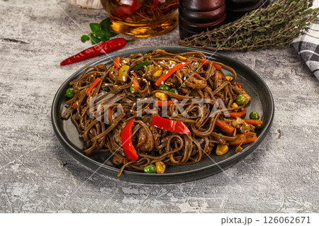 Soba with shredded pork and vegetables Soba with shredded pork and vegetables 126062671