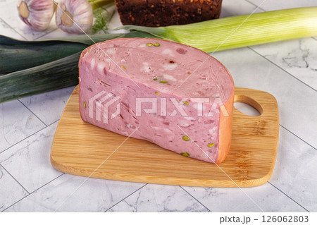 Italian Mortadella pork sausage piece Italian Mortadella pork sausage piece 126062803
