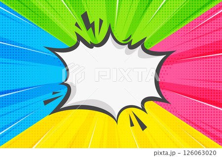 Pop art cartoon background. Comic book superhero vector backdrop with retro starburst effect. Compare template with speech bubble frame. Vintage versus abstract poster with radial rays and halftone 126063020