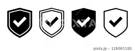 Security Shield with Check Mark. Black and White Icons for Verified Protection, Data Safety, Trust Badge, Antivirus, Secure Access and Approved Web Security Concepts 126063180