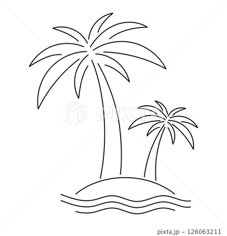 Palm trees line art on island with waves. Editable Stroke. Minimal tropical coconut tree outline illustration. Hand drawn exotic beach nature sketch. Summer vacation vector for logo, decor, print. Palm trees line art on island with waves. Editable Stroke. Minimal tropical coconut tree outline illustration. Hand drawn exotic beach nature sketch. Summer vacation vector for logo, decor, print. 126063211
