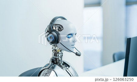 Futuristic robot with headset engaging in customer service Futuristic robot with headset engaging in customer service 126063250