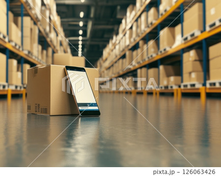 Smartphone leaning on cardboard box in warehouse setting managing inventory 126063426