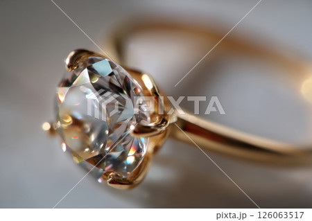 Macro view of gold engagement ring with diamond Macro view of gold engagement ring with diamond 126063517