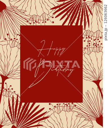 Elegant Happy Birthday greeting in red and beige tones. Outline flowers doodle. Elegant Happy Birthday greeting in red and beige tones. Outline flowers doodle. 126063662