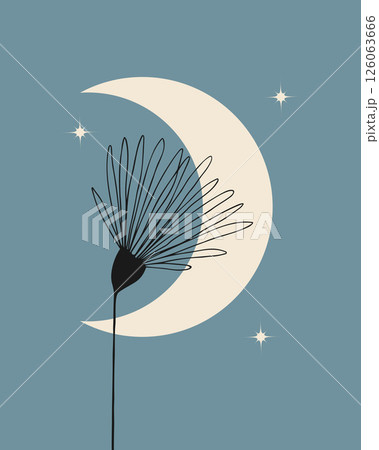 Wall painting interior decor Moon and Flowers contour, stars, blue soft background. 126063666