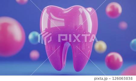 3d rendering of a shiny pink tooth promoting good dental hygiene 3d rendering of a shiny pink tooth promoting good dental hygiene 126063838
