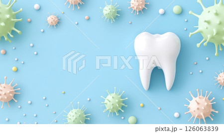 White tooth surrounded by colorful viruses representing oral hygiene importance White tooth surrounded by colorful viruses representing oral hygiene importance 126063839