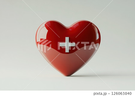 Red glossy 3d heart showing medical cross sign on white background Red glossy 3d heart showing medical cross sign on white background 126063840