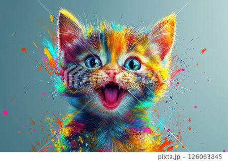 Colorful kitten meowing with paint splashes background Colorful kitten meowing with paint splashes background 126063845