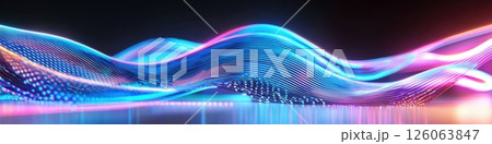 Flowing fluorescent lines creating a colorful wave on dark background 126063847