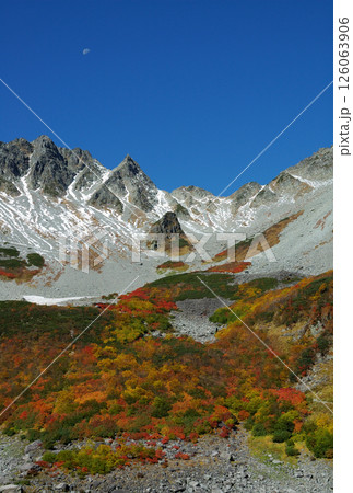 Karasawa curl with colorful leaves 錦秋の涸沢カール，雪の三段紅葉 126063906