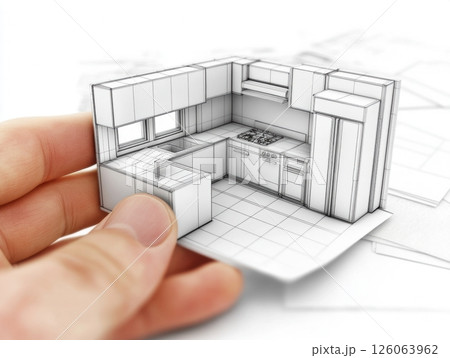 Architect holding miniature kitchen project in hand, 3d rendering 126063962