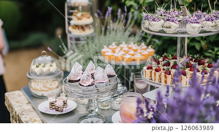 Outdoor wedding buffet table with lavender and a variety of dishes. 126063989