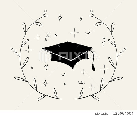 Graduation hat doodle line. University Cap of graduate and certificate degree hand drawn outline. Graduation hats sketch  126064004