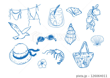 Summer seashore beach sea tourism, rest sketch drawing. Line hand drawn beach party elements palm, hat seashell. Vacation doodle tropical print. Summer seashore beach sea tourism, rest sketch drawing. Line hand drawn beach party elements palm, hat seashell. Vacation doodle tropical print. 126064011