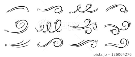 Wind line air swirl vector icon set. Hand drawn doodle wind motion, air blow, swirl doodle elements. Sketch drawn air blow motion, smoke flow wave, abstract line. Isolated vector 126064276