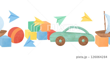 Seamless border made of children's toys, cars, boats, balls, colored cubes, paper airplanes, handmade digital illustration. An element for the design Seamless border made of children's toys, cars, boats, balls, colored cubes, paper airplanes, handmade digital illustration. An element for the design 126064284