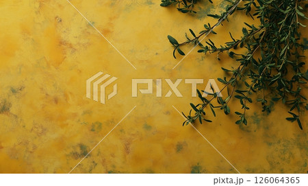 Fresh thyme and rosemary leaves on a delicate yellow surface 126064365