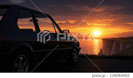 Car on cliff, ocean sunset. Golden light. This sunset inspires. Beautiful sunset 126064402